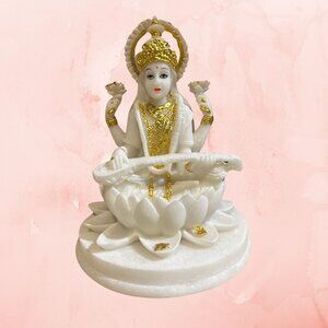 Handcrafted Lakshmi Idol White & Gold Marble Finish Hindu Goddess Statue Home De